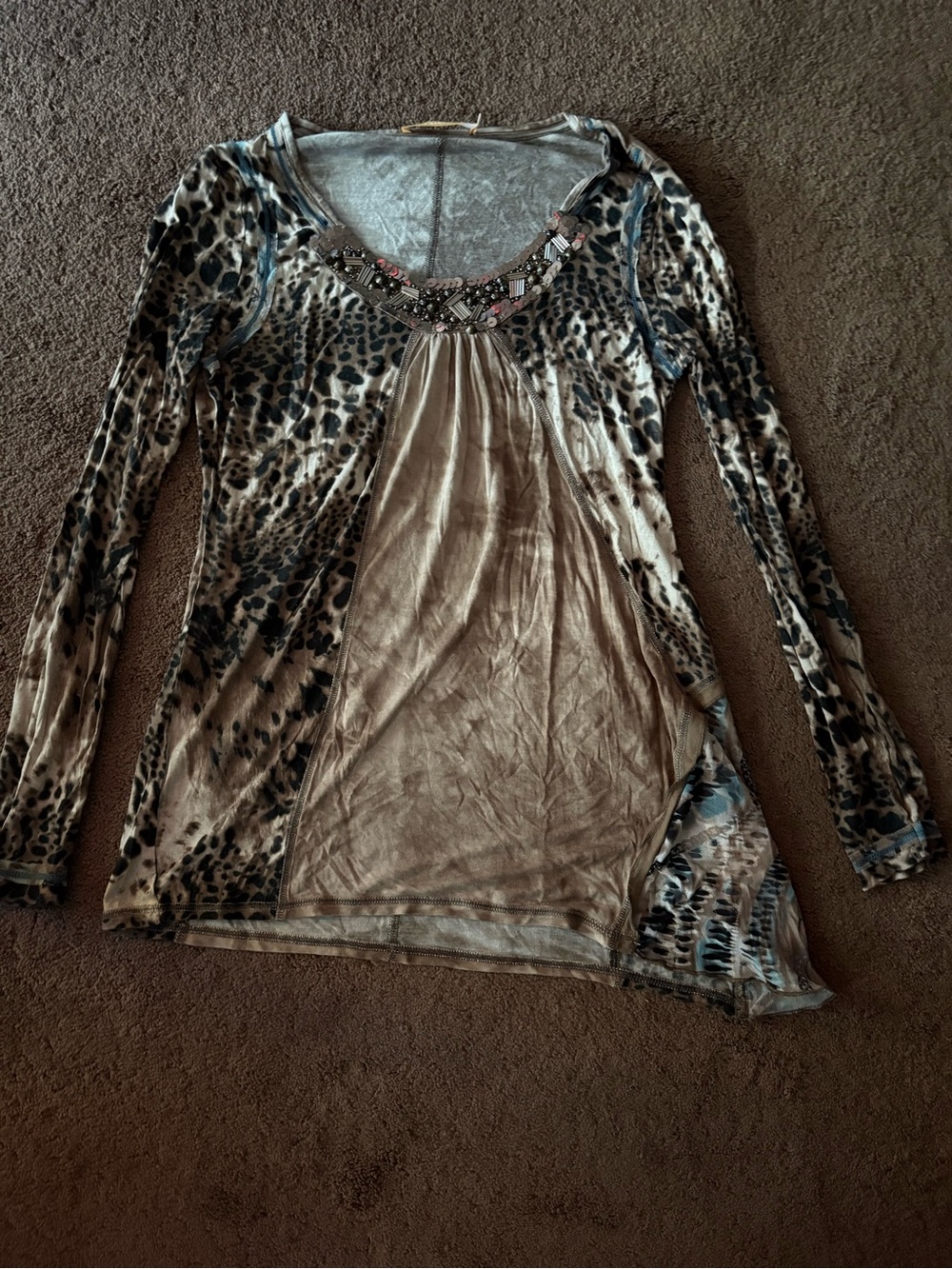 Beaded Neckline Animal-Print Long Sleeve Top - Taupe